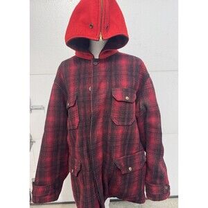 Vintage Woolrich #501 Red Buffalo Plaid Hunting Coat Split Hood Size 46 Rare